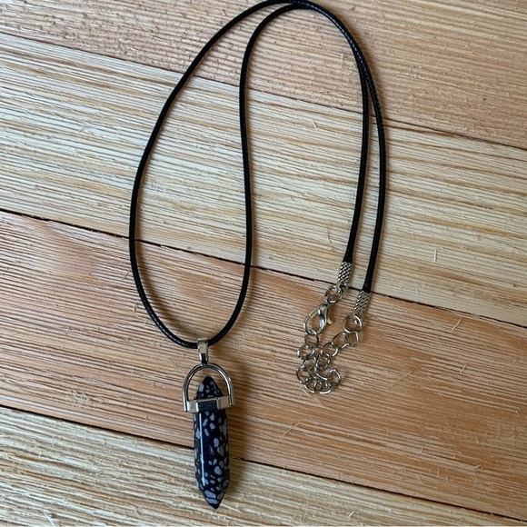 Snowflake Obsidian Crystal Healing Point Pendant Necklace Black Cord Chain 20" - Picture 6 of 8